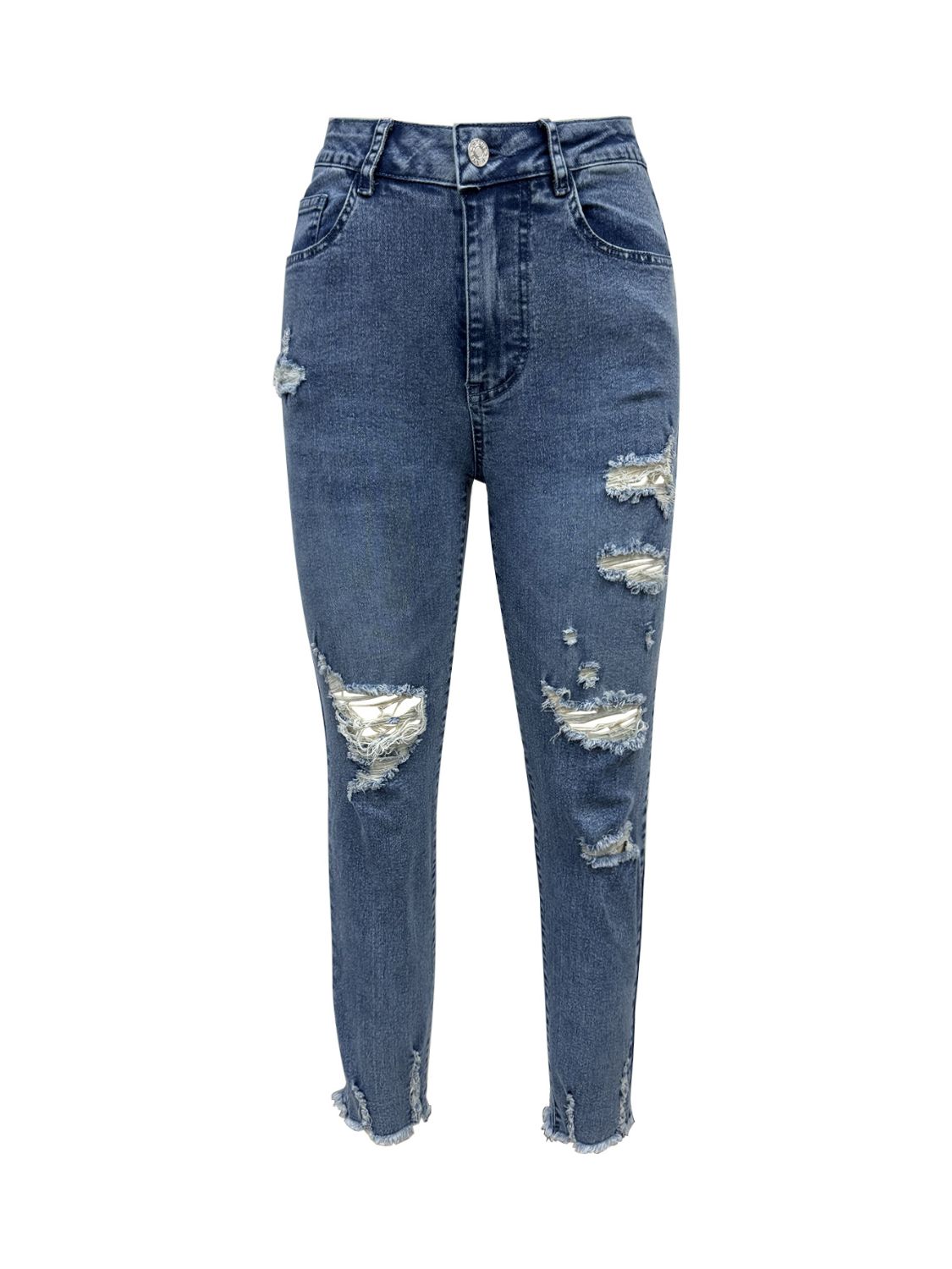 Distressed Raw Hem Jeans with Pockets-BOTTOMS SIZES SMALL MEDIUM LARGE-[Adult]-[Female]-2022 Online Blue Zone Planet