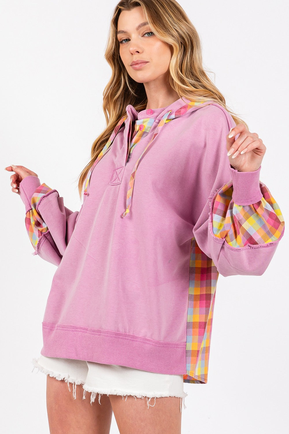 Blue Zone Planet | SAGE + FIG Full Size Plaid Print Washed Hoodie-Tops / Dresses-[Adult]-[Female]-2022 Online Blue Zone Planet