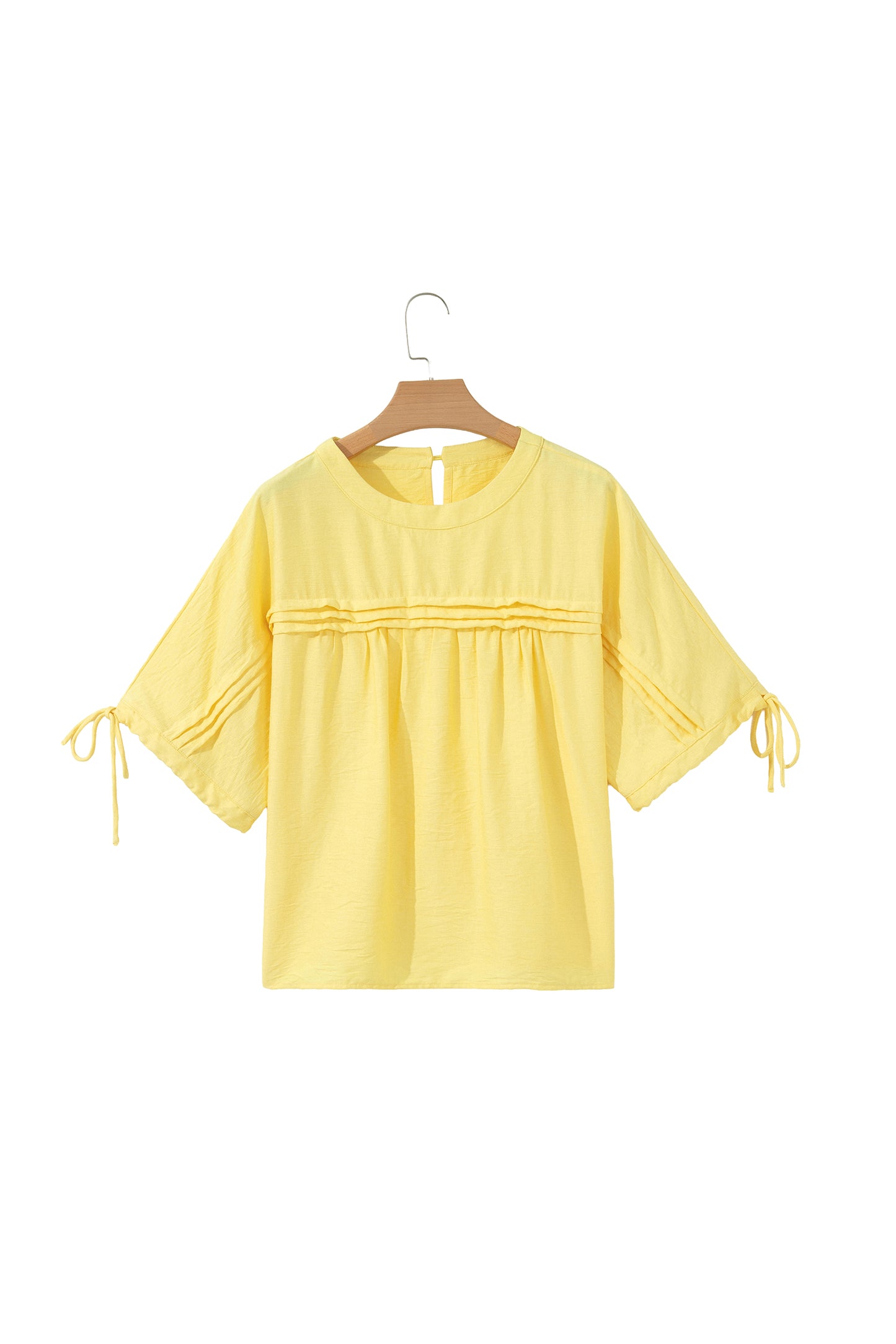 Yellow Cream Tie Half Sleeve Pleated Detail Babydoll Blouse-Tops/Blouses & Shirts-[Adult]-[Female]-2022 Online Blue Zone Planet