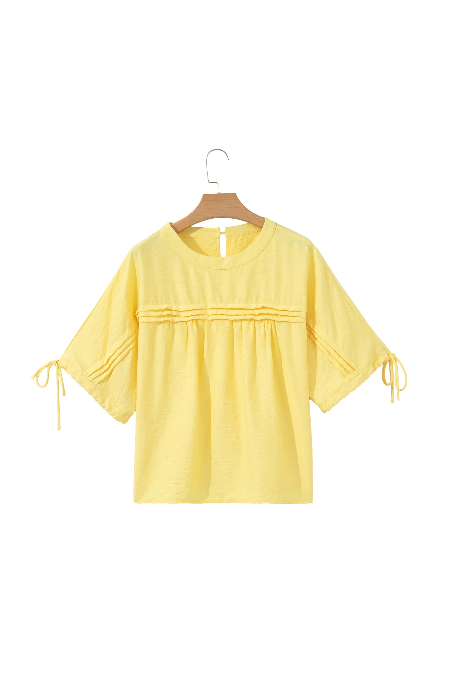 Yellow Cream Tie Half Sleeve Pleated Detail Babydoll Blouse-Tops/Blouses & Shirts-[Adult]-[Female]-2022 Online Blue Zone Planet