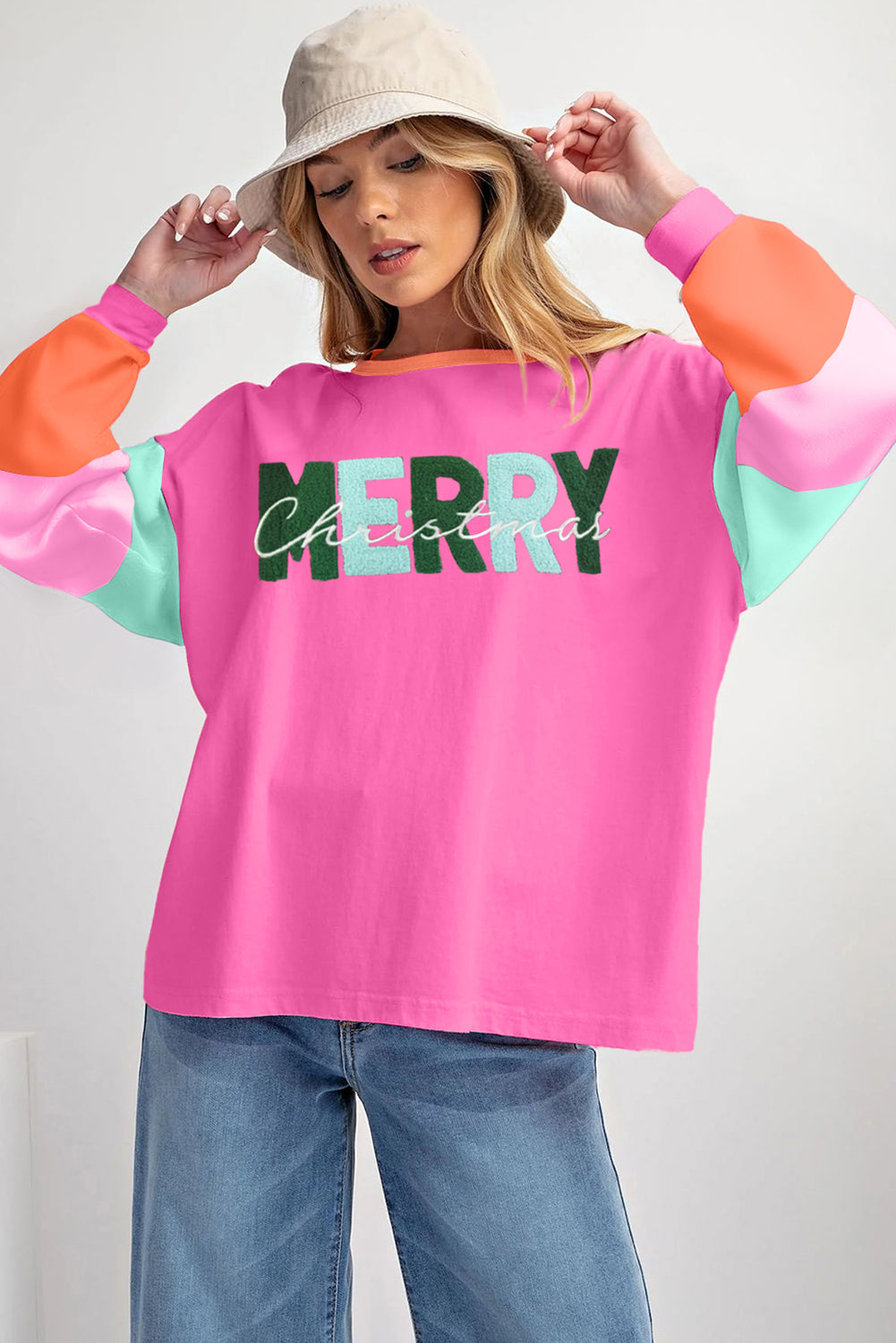 Blue Zone Planet | Rose Red Chenille MERRY Christmas Patched Colorblock Long Sleeve Top-Graphic/Graphic Long Sleeve Tees-[Adult]-[Female]-2022 Online Blue Zone Planet