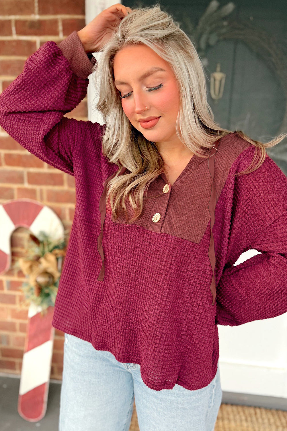 Racing Red Waffle Patchwork Drop Shoulder Hooded Long Sleeve Top-Tops / Dresses-[Adult]-[Female]-2022 Online Blue Zone Planet