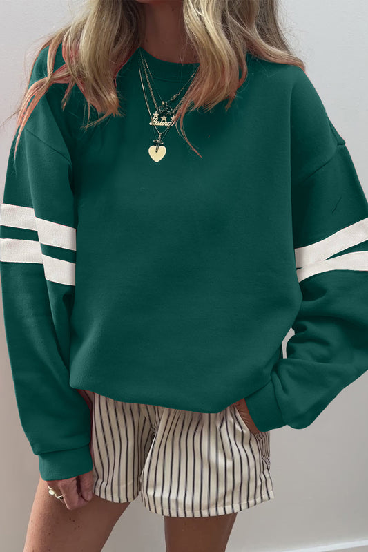 Evergreen Varsity Striped Detail Drop Shoulder Oversized Sweatshirt-Tops/Sweatshirts & Hoodies-[Adult]-[Female]-Evergreen-S-2022 Online Blue Zone Planet