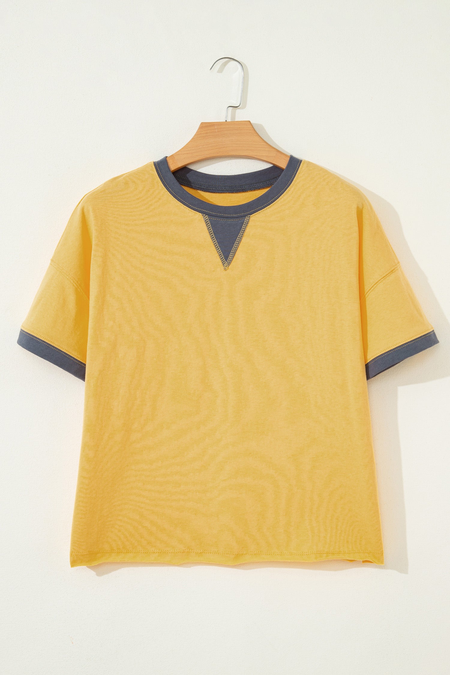 Banana Cream Contrast Trim Raw Hemline Short Sleeve Loose Top-Tops/Tops & Tees-[Adult]-[Female]-2022 Online Blue Zone Planet