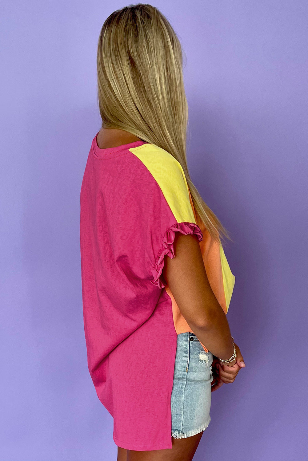 Rose Red Color Block Ruffled Crew Neck Loose Fit T Shirt-Tops/Tops & Tees-[Adult]-[Female]-2022 Online Blue Zone Planet