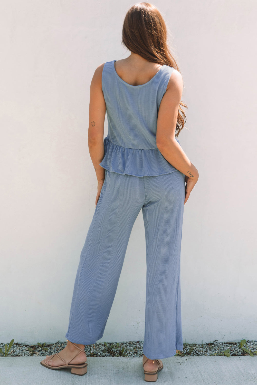 Beau Blue Solid Color Ribbed Ruffle Tank Top And Pants Set-Two Piece Sets/Pant Sets-[Adult]-[Female]-2022 Online Blue Zone Planet