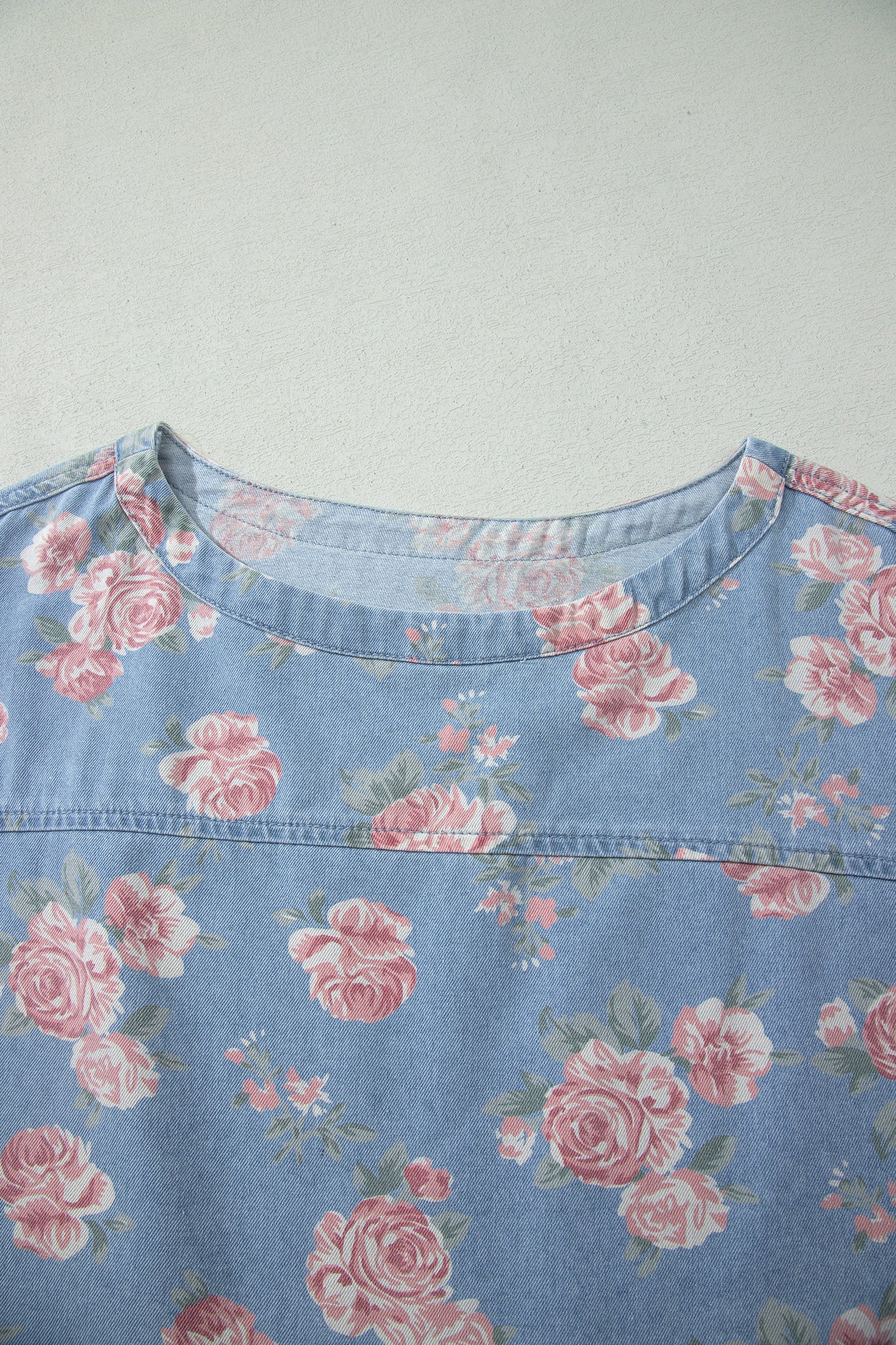 Sky Blue Floral Denim Short Sleeve Top Loose Shorts 2pcs Set-Two Piece Sets/Short Sets-[Adult]-[Female]-2022 Online Blue Zone Planet
