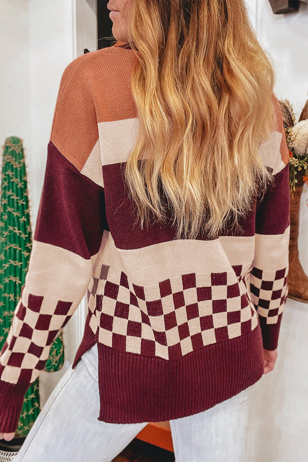 Brown Checkered Color Block Knitted Drop Shoulder Sweater-TOPS / DRESSES-[Adult]-[Female]-2022 Online Blue Zone Planet