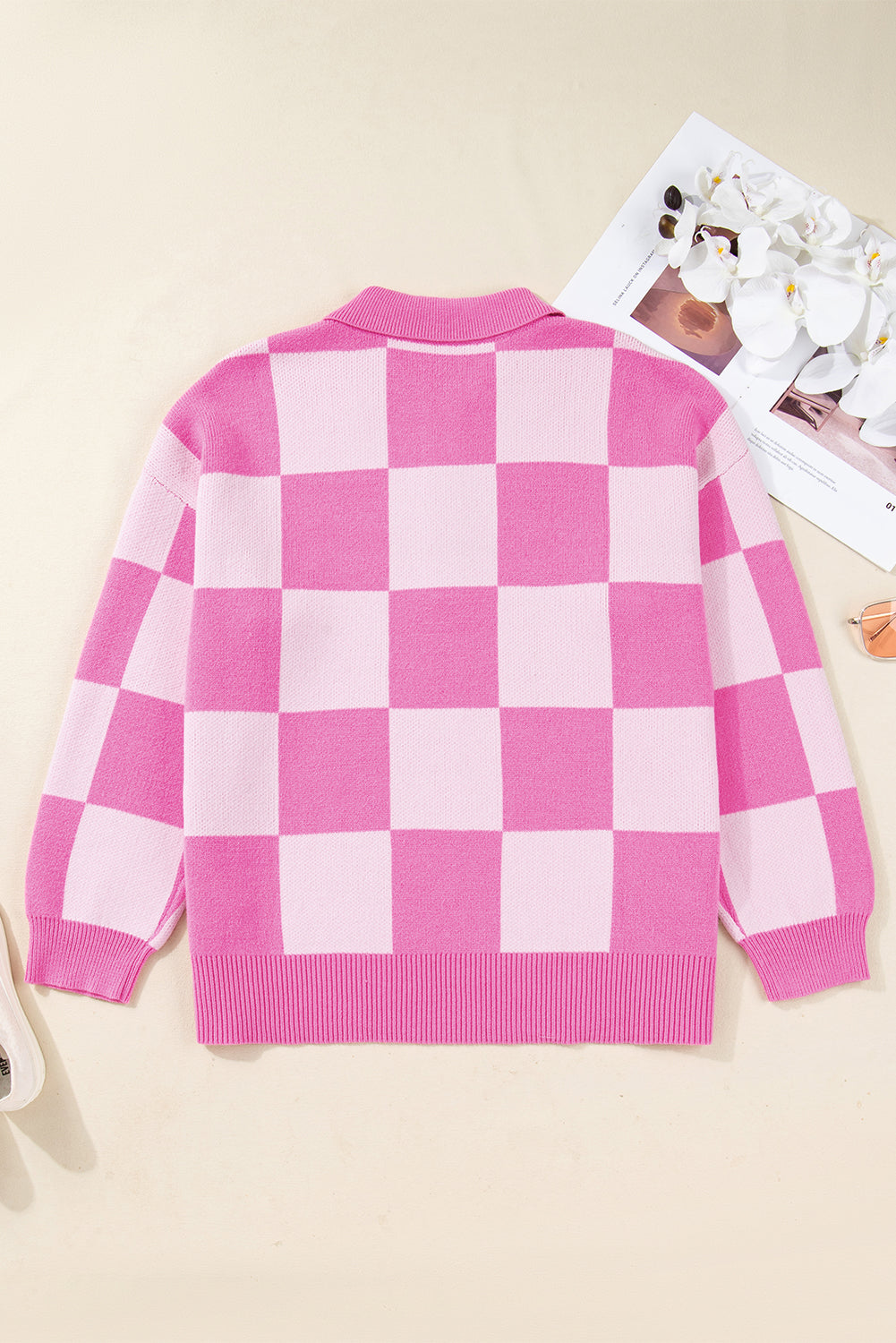 Pink Plus Size Checkered Collared Half Button Sweater-TOPS / DRESSES-[Adult]-[Female]-2022 Online Blue Zone Planet