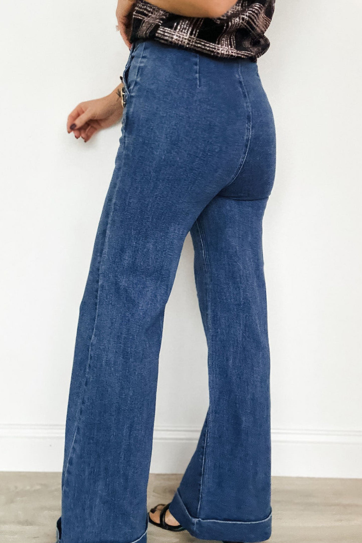 Ashleigh Blue Golden Button Detail Rolled Edge Flare Leg Jeans-Bottoms/Jeans-[Adult]-[Female]-2022 Online Blue Zone Planet
