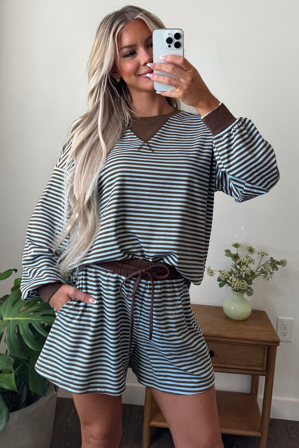 Brown Stripe Oversized Long Sleeve Top Drawstring Loose Shorts 2pcs Set-Two Piece Sets/Short Sets-[Adult]-[Female]-2022 Online Blue Zone Planet