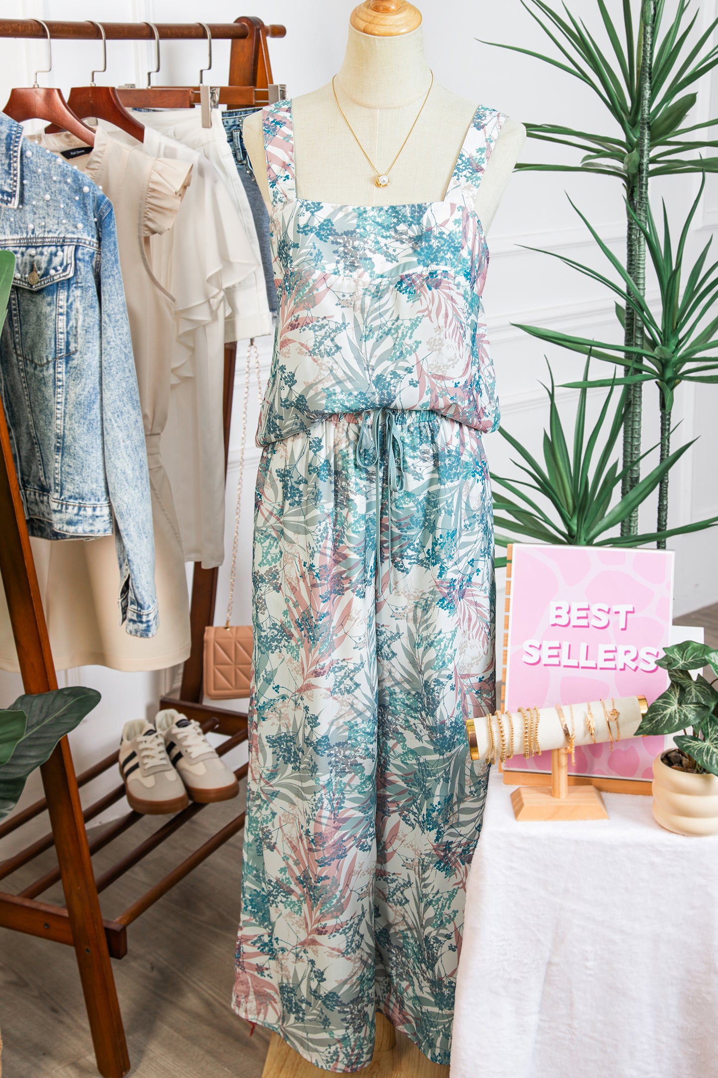 Green Tropical Palm Printed Cropped Tank Drawstring Wide Leg Pant Set-Two Piece Sets/Pant Sets-[Adult]-[Female]-2022 Online Blue Zone Planet