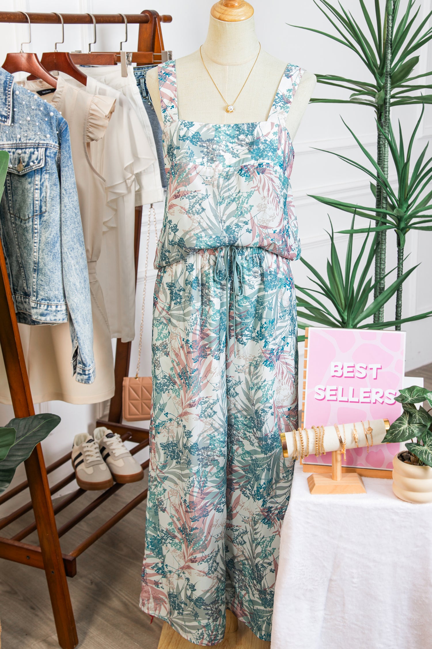 Green Tropical Palm Printed Cropped Tank Drawstring Wide Leg Pant Set-Two Piece Sets/Pant Sets-[Adult]-[Female]-2022 Online Blue Zone Planet