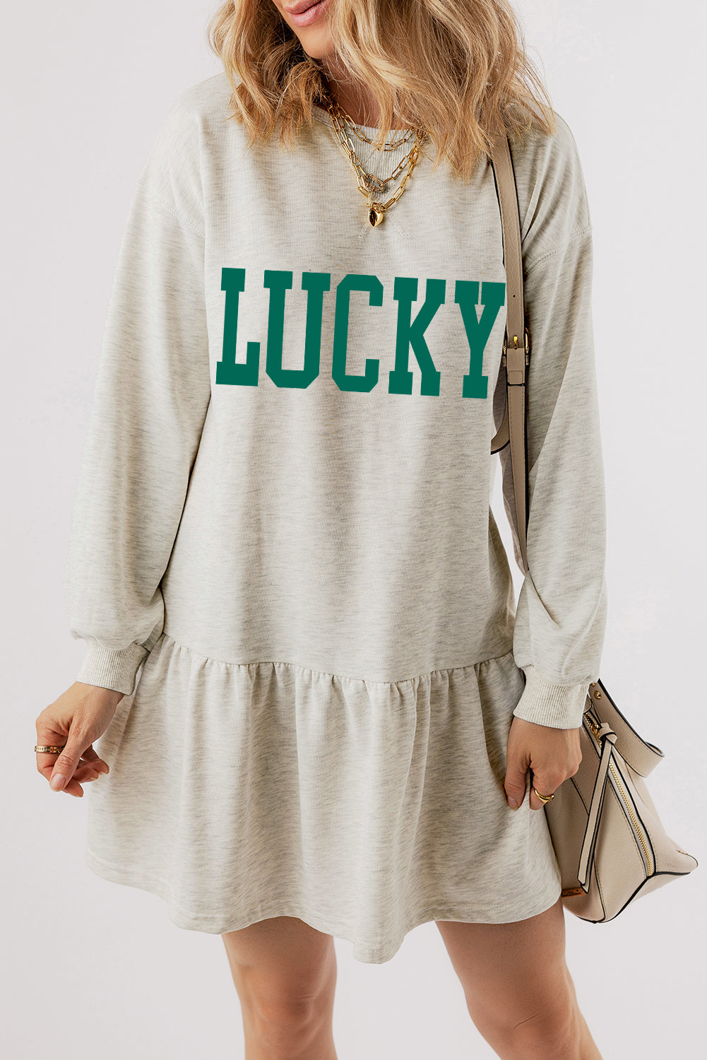 White St Patricks LUCKY Graphic Long Sleeve Ruffle Hem Mini Dress-Graphic Apparel-[Adult]-[Female]-2022 Online Blue Zone Planet