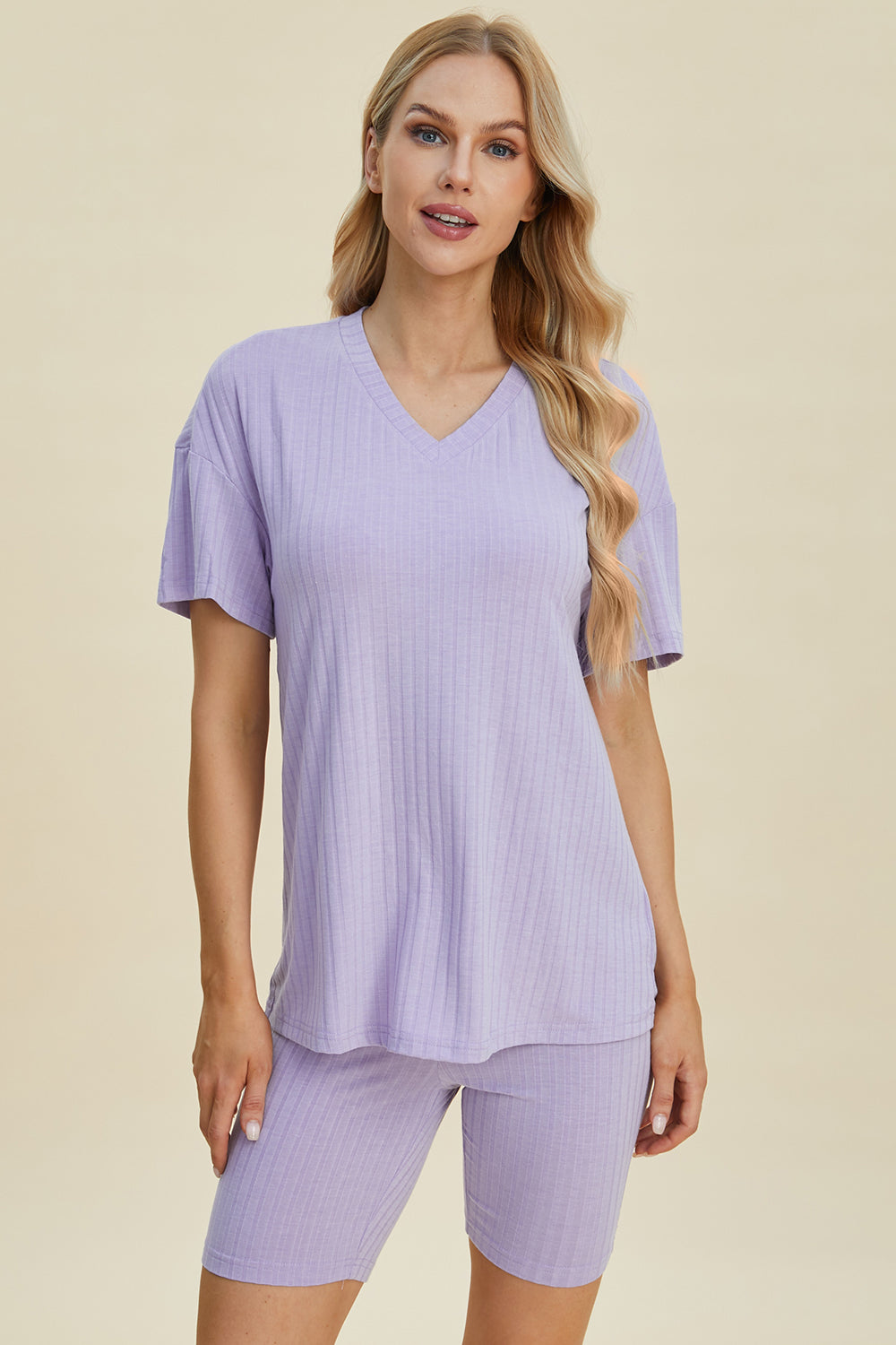 Basic Bae Full Size Ribbed V-Neck Short Sleeve Top and Shorts Set-TOPS / DRESSES-[Adult]-[Female]-Lavender-S-2022 Online Blue Zone Planet