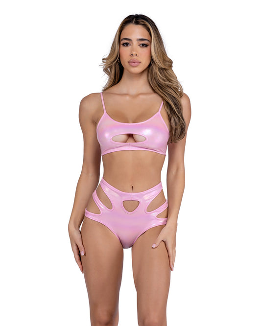 6448 - Metallic Iridescent Keyhole Cropped Top-TOPS / DRESSES-[Adult]-[Female]-Small-Baby Pink-2022 Online Blue Zone Planet