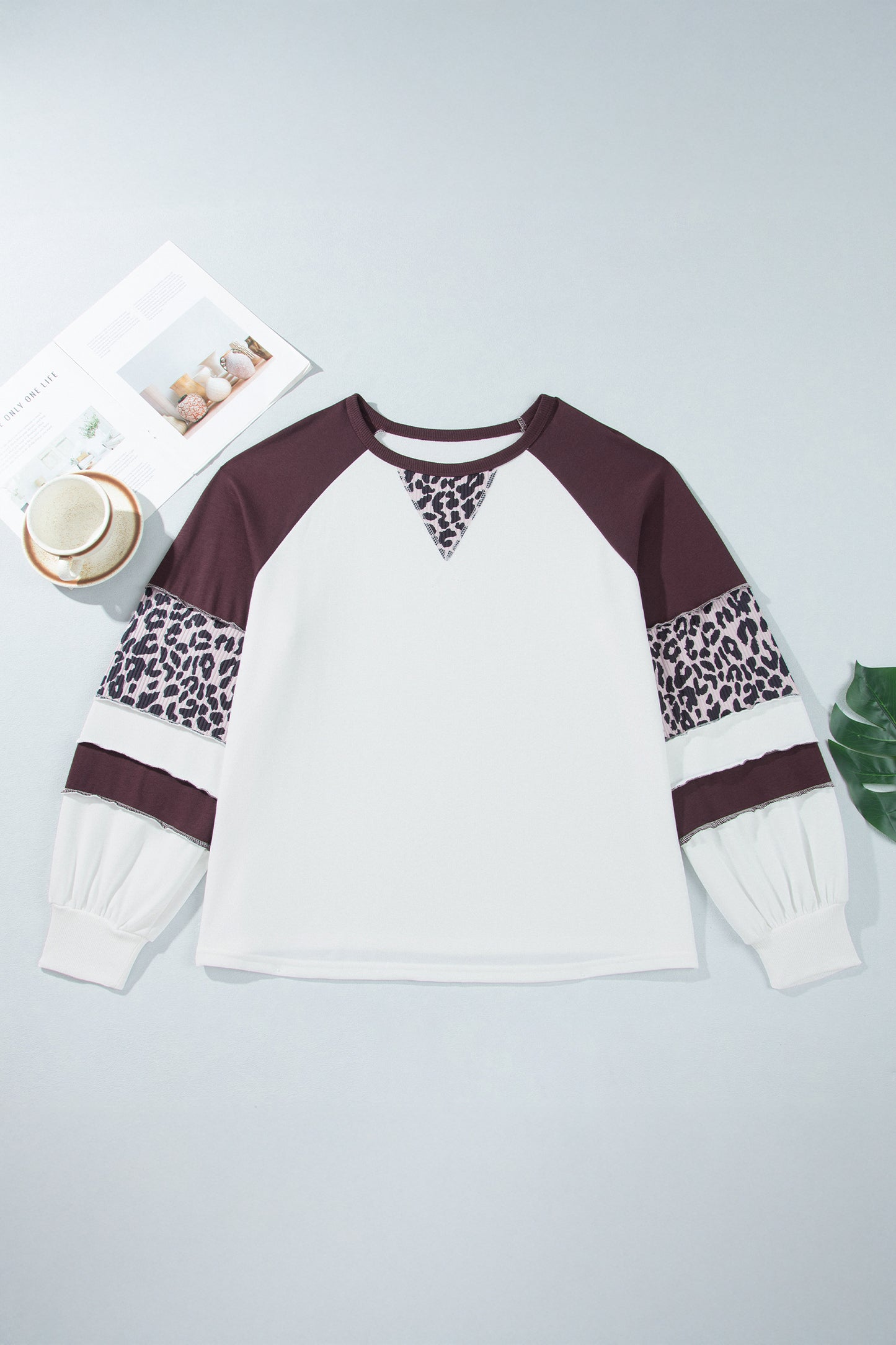 Beige Leopard Print Colorblock Round Neck Long Sleeve Plus Size Blouse-Plus Size/Plus Size Tops/Plus Size Long Sleeve Tops-[Adult]-[Female]-2022 Online Blue Zone Planet