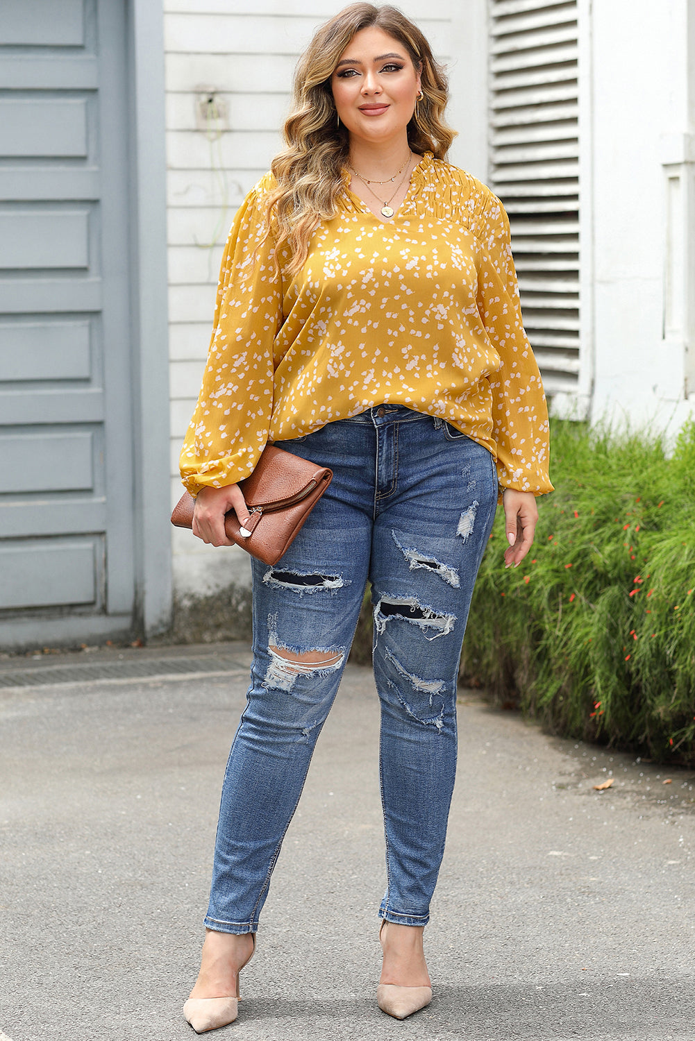 Yellow Plus Size Floral Print Ruched Split Neck Blouse-Sale (50% OFF)/30% OFF-[Adult]-[Female]-2022 Online Blue Zone Planet