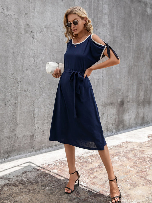 Round Neck Cold Shoulder Dress-TOPS / DRESSES-[Adult]-[Female]-Dark Blue-S-2022 Online Blue Zone Planet