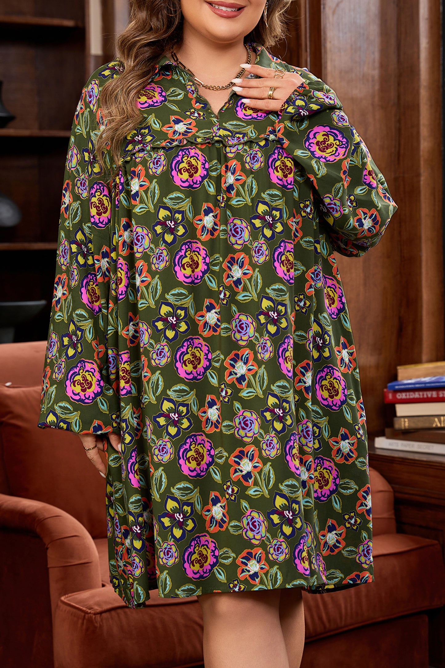 Green Plus Size Floral Print Collared V Neck Loose Mini Dress-TOPS / DRESSES-[Adult]-[Female]-2022 Online Blue Zone Planet