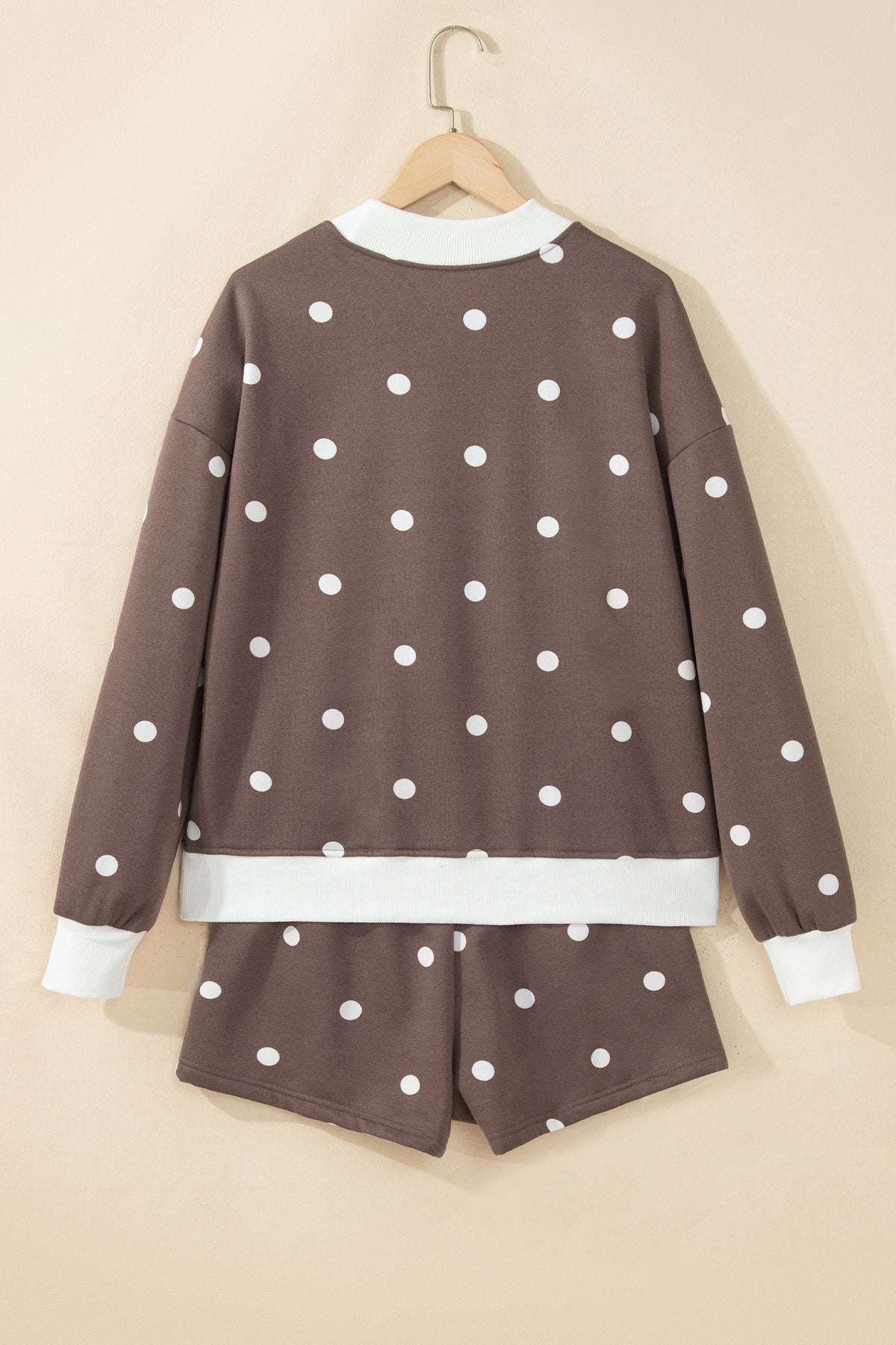 Brown Polka Dot Ribbed Trim Long Sleeve Top Casual Short Set-Two Piece Sets/Short Sets-[Adult]-[Female]-2022 Online Blue Zone Planet