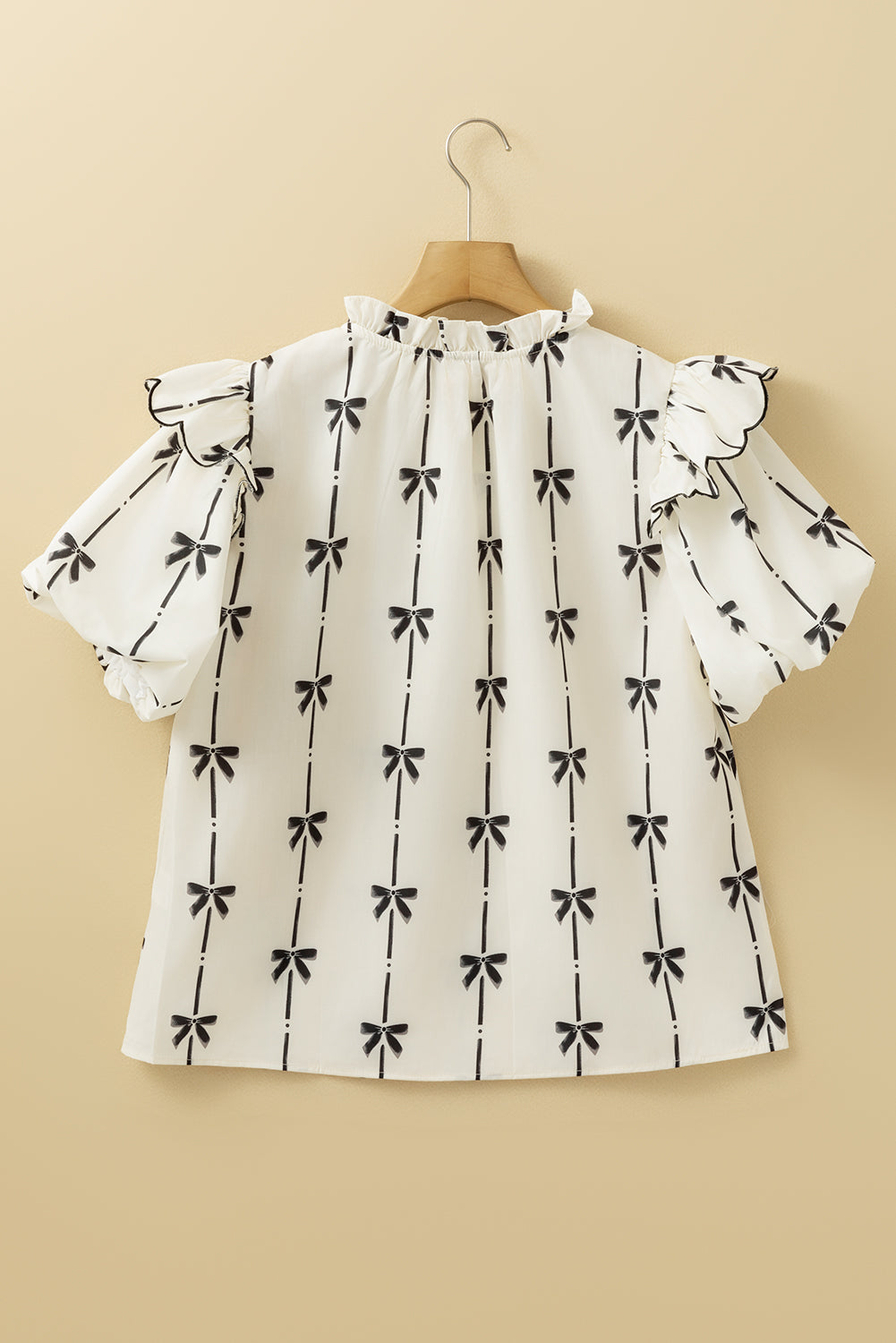 Beige Bow Print Ruffle Bubble Sleeve Tie Notched Neck Blouse-Blouses-[Adult]-[Female]-2022 Online Blue Zone Planet