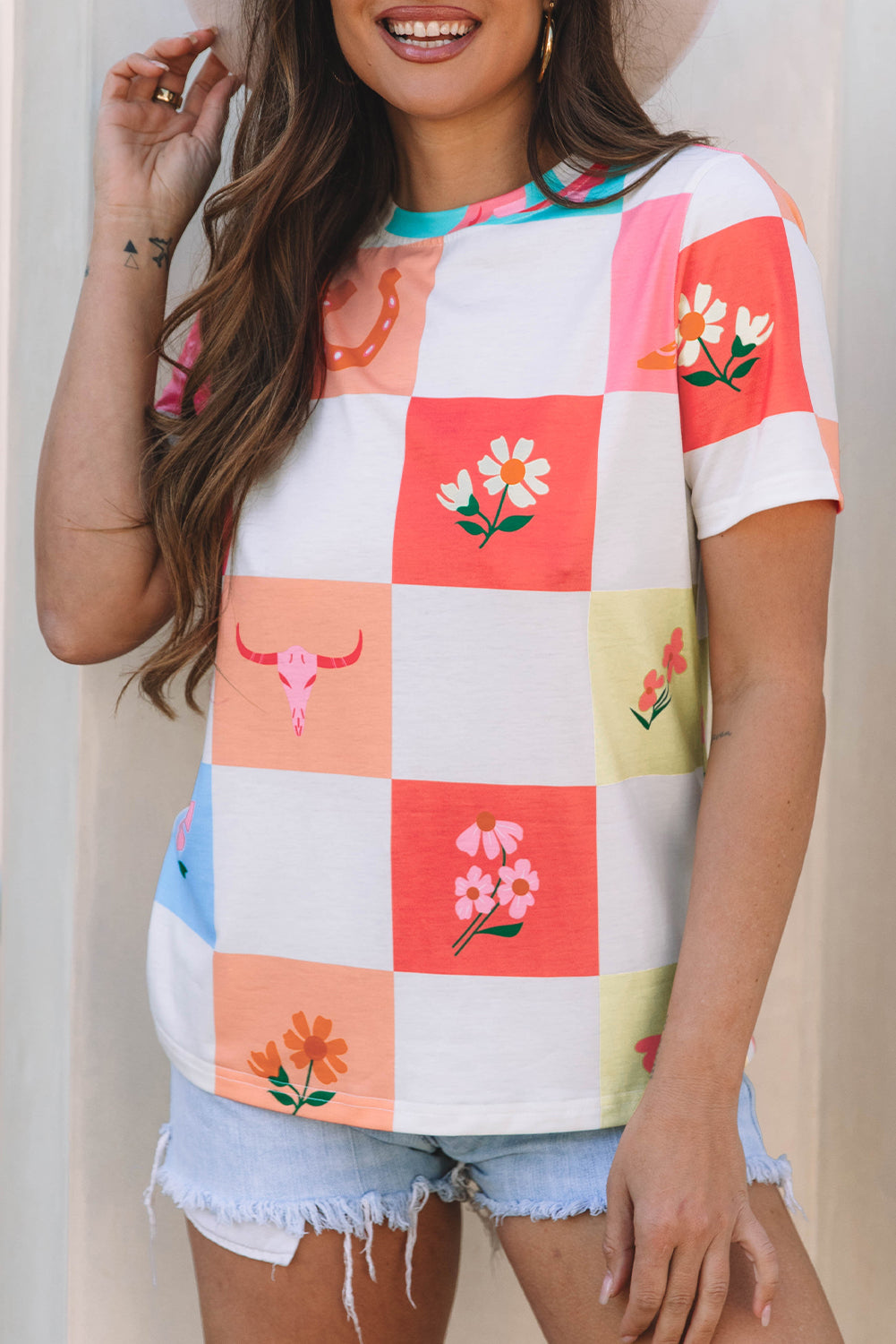 Orange Western Fashion Checker Print Crewneck T Shirt-Tops/Tops & Tees-[Adult]-[Female]-2022 Online Blue Zone Planet