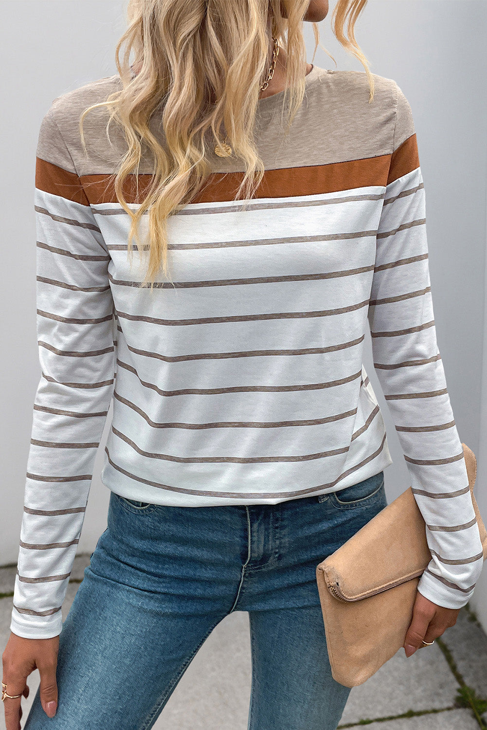 White Stripe Colorblock Long Sleeve Round Neck Tee-Tops/Long Sleeve Tops-[Adult]-[Female]-White Stripe-S-2022 Online Blue Zone Planet