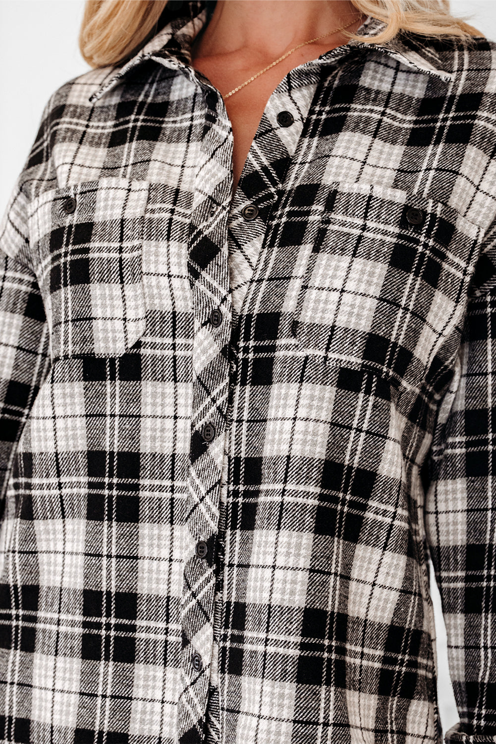 Black Plaid Print Chest Pockets Buttoned Shirt-Tops/Blouses & Shirts-[Adult]-[Female]-2022 Online Blue Zone Planet