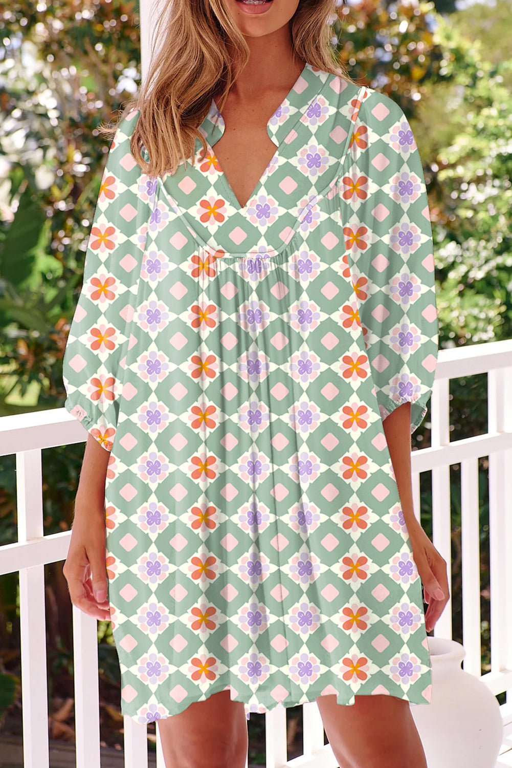 Green Geometric Floral Print 3/4 Sleeve Notched Neck Mini Dress-TOPS / DRESSES-[Adult]-[Female]-Green-S-2022 Online Blue Zone Planet