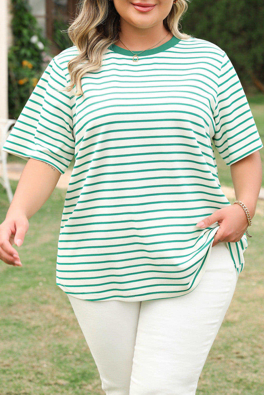 Green Stripe Plus Size St Patricks Day Round Neck T Shirt-Plus Size/Plus Size Tops/Plus Size Tops & Tees-[Adult]-[Female]-2022 Online Blue Zone Planet