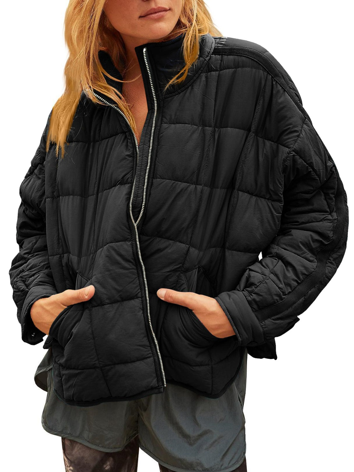 Pocketed Plaid Quilted Zip Up Winter Coat-TOPS / DRESSES-[Adult]-[Female]-Black-S-2022 Online Blue Zone Planet