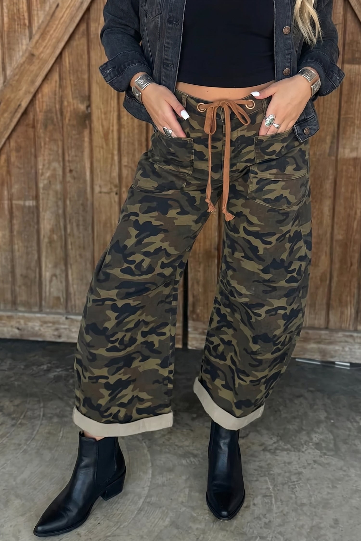Multicolour Camouflage Print Retro Grommet Tie Waist Loose Jeans-Bottoms/Jeans-[Adult]-[Female]-2022 Online Blue Zone Planet