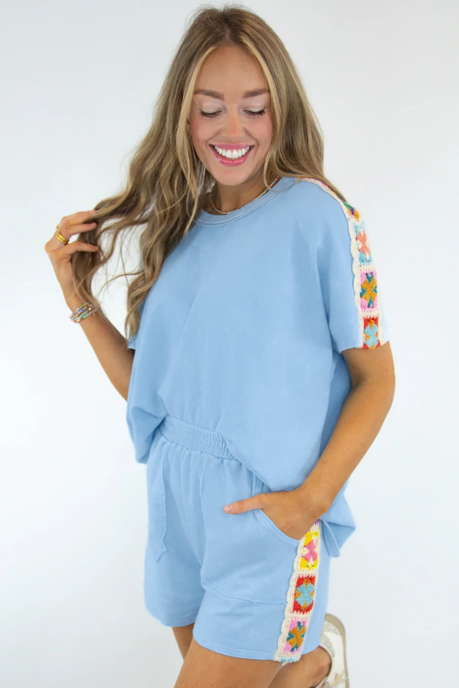 Mist Blue Granny Square Crochet Detail Short 2pcs Set-Two Piece Sets/Short Sets-[Adult]-[Female]-2022 Online Blue Zone Planet