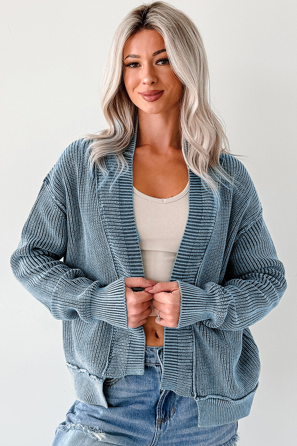 Chestnut Mineral Wash Exposed Seam Patchwork Knit Open Sweater Cardigan-TOPS / DRESSES-[Adult]-[Female]-2022 Online Blue Zone Planet