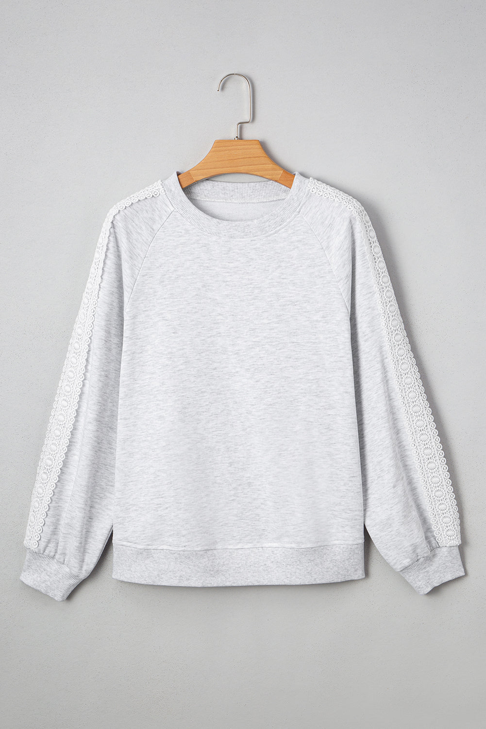 Light Grey Lace Patchwork Raglan Sleeve Crew Neck Sweatshirt-Tops/Sweatshirts & Hoodies-[Adult]-[Female]-2022 Online Blue Zone Planet