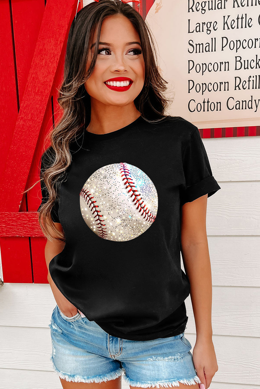 Black Heat Transfer Baseball Print Cotton Blend T Shirt-Graphic/Graphic Tees-[Adult]-[Female]-2022 Online Blue Zone Planet