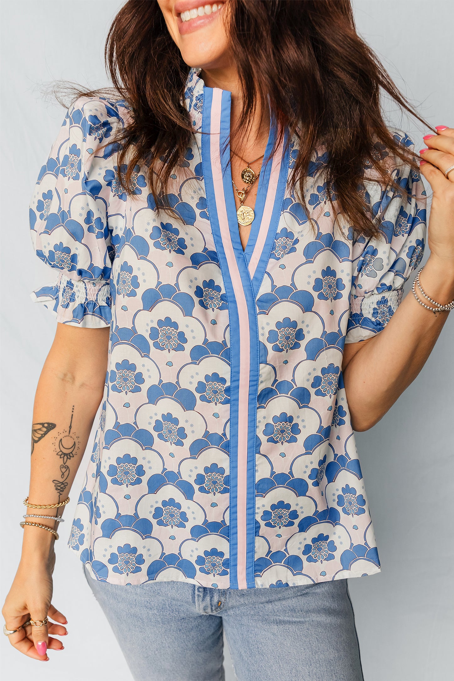 Sky Blue Floral Print Flounced Short Sleeve Contrast Trim V Neck Blouse-Tops/Blouses & Shirts-[Adult]-[Female]-Sky Blue-S-2022 Online Blue Zone Planet