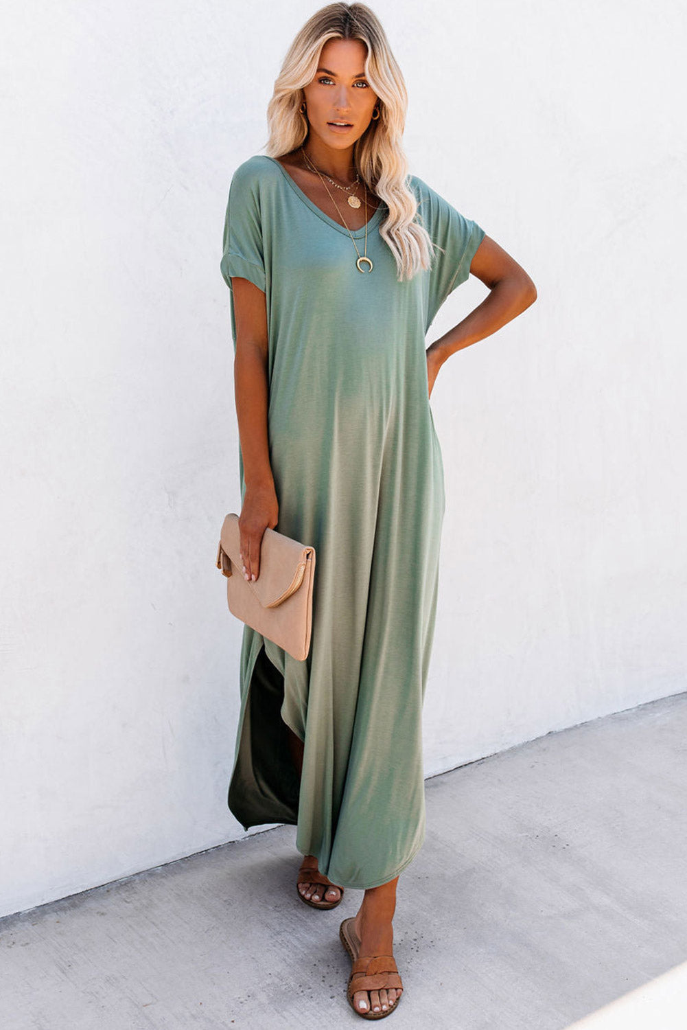 Blue Zone Planet |  Grass Green V Neck Hidden Pocket Splits Maxi T-shirt Dress Blue Zone Planet