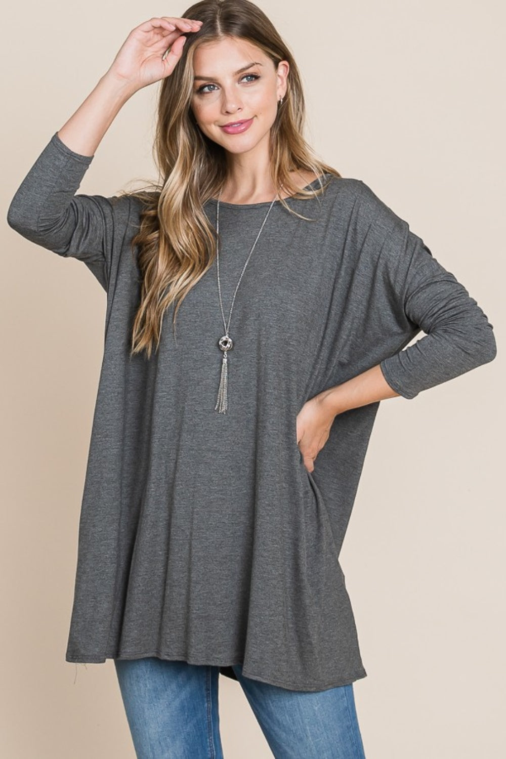 BOMBOM Round Neck Long Sleeve Oversized Top-TOPS / DRESSES-[Adult]-[Female]-Charcoal-S-2022 Online Blue Zone Planet