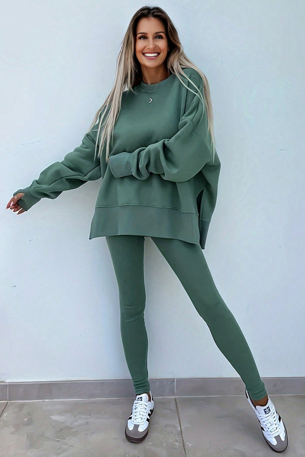 Green Bay Solid Color Oversize Slit Sweatshirt Ribbed Leggings 2pcs Set-Two Piece Sets/Pant Sets-[Adult]-[Female]-2022 Online Blue Zone Planet
