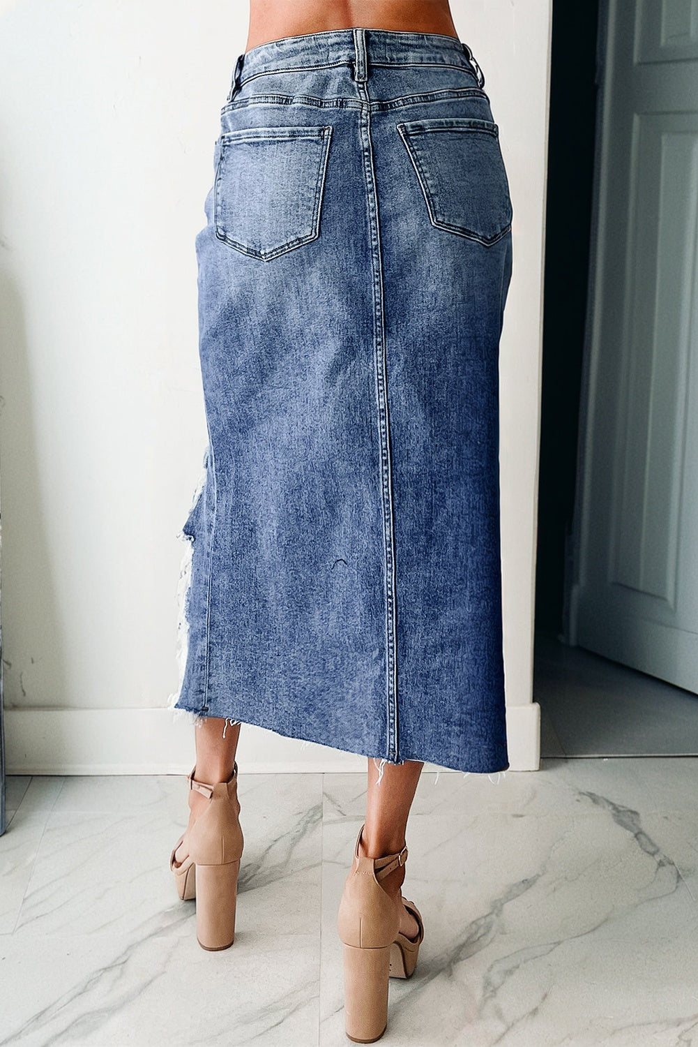 Sail Blue Dearlove Irregular Distressed Bottom Denim Midi Skirt-Bottoms/Skirts & Petticoat-[Adult]-[Female]-2022 Online Blue Zone Planet