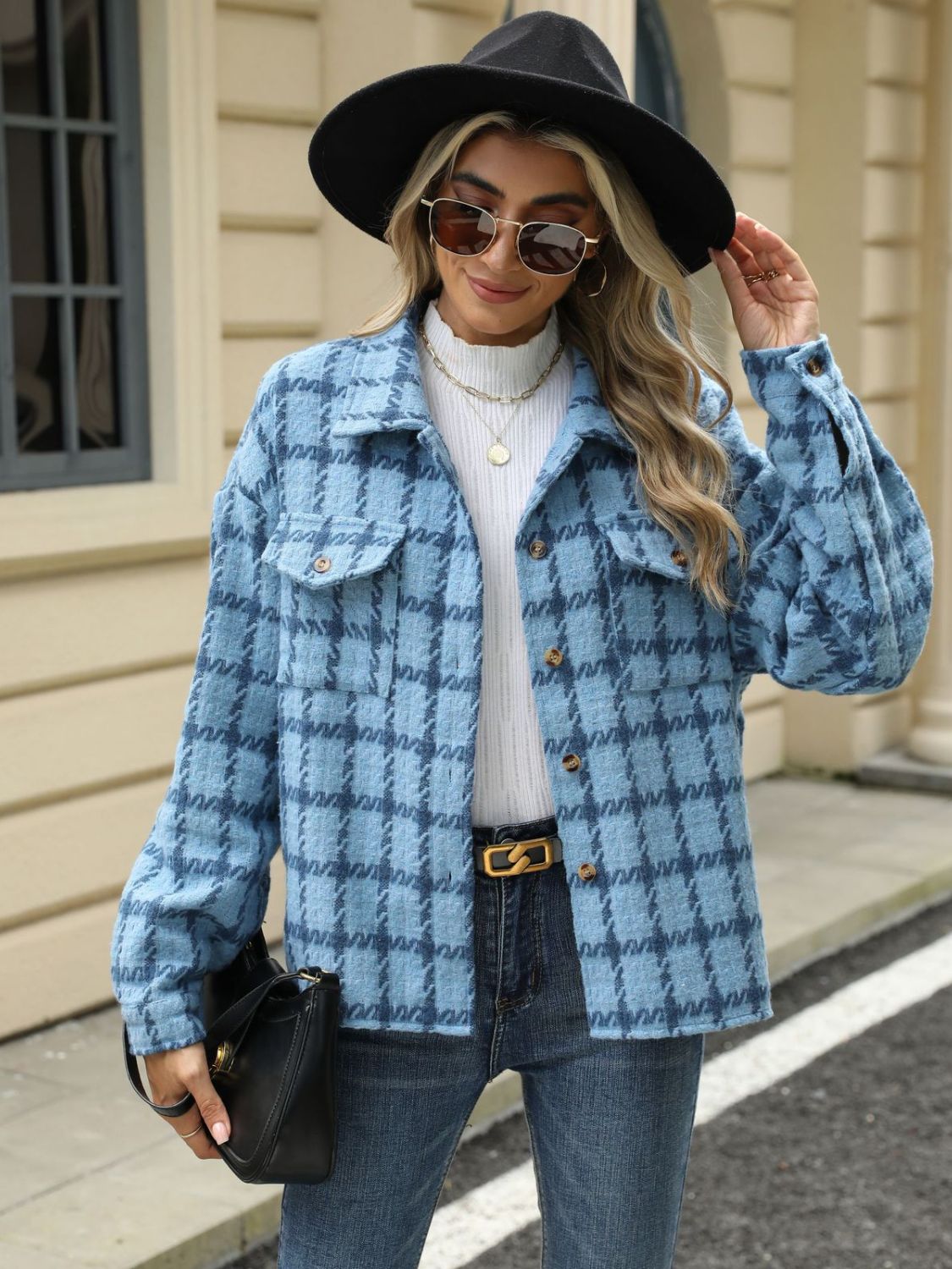 Plaid Collared Neck Long Sleeve Jacket-TOPS / DRESSES-[Adult]-[Female]-2022 Online Blue Zone Planet