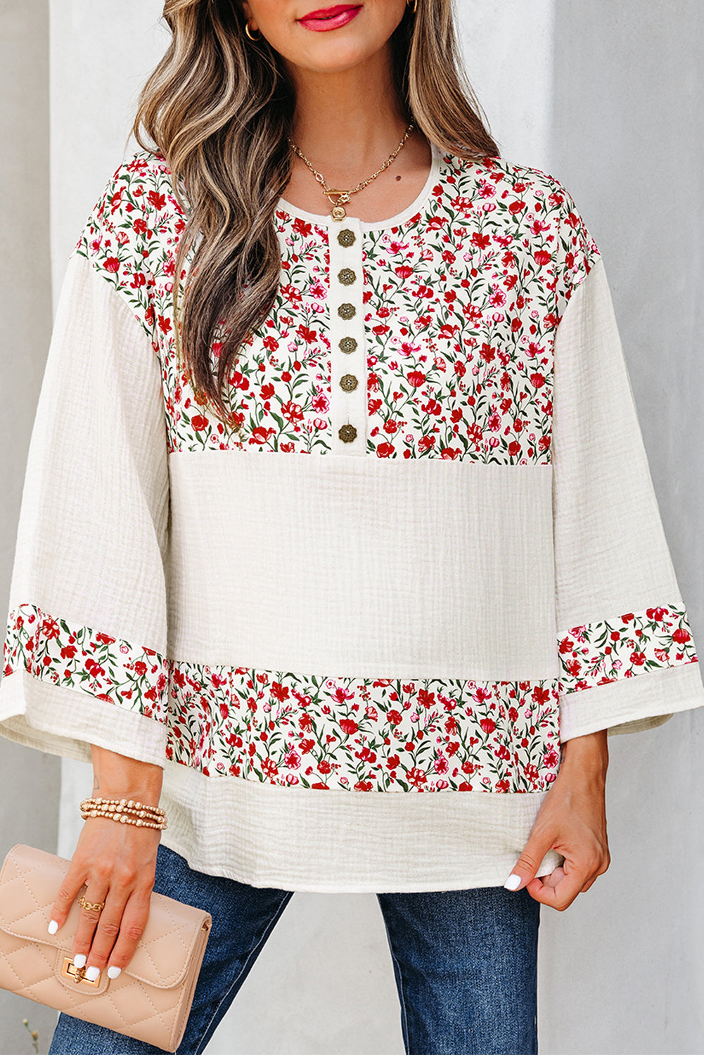 Red Floral Print Gauze Patchwork Henley Button 3/4 Sleeve Blouse-Tops/Blouses & Shirts-[Adult]-[Female]-2022 Online Blue Zone Planet