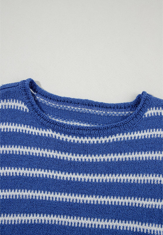 Striped Round Neck Dropped Shoulder Sweater-TOPS / DRESSES-[Adult]-[Female]-2022 Online Blue Zone Planet