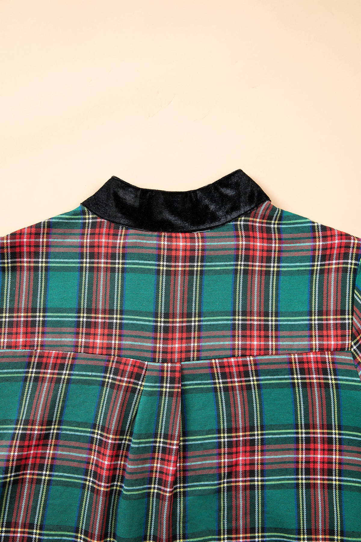 Green Plaid Velvet Trim Pockets Short Shift Dress-TOPS / DRESSES-[Adult]-[Female]-2022 Online Blue Zone Planet