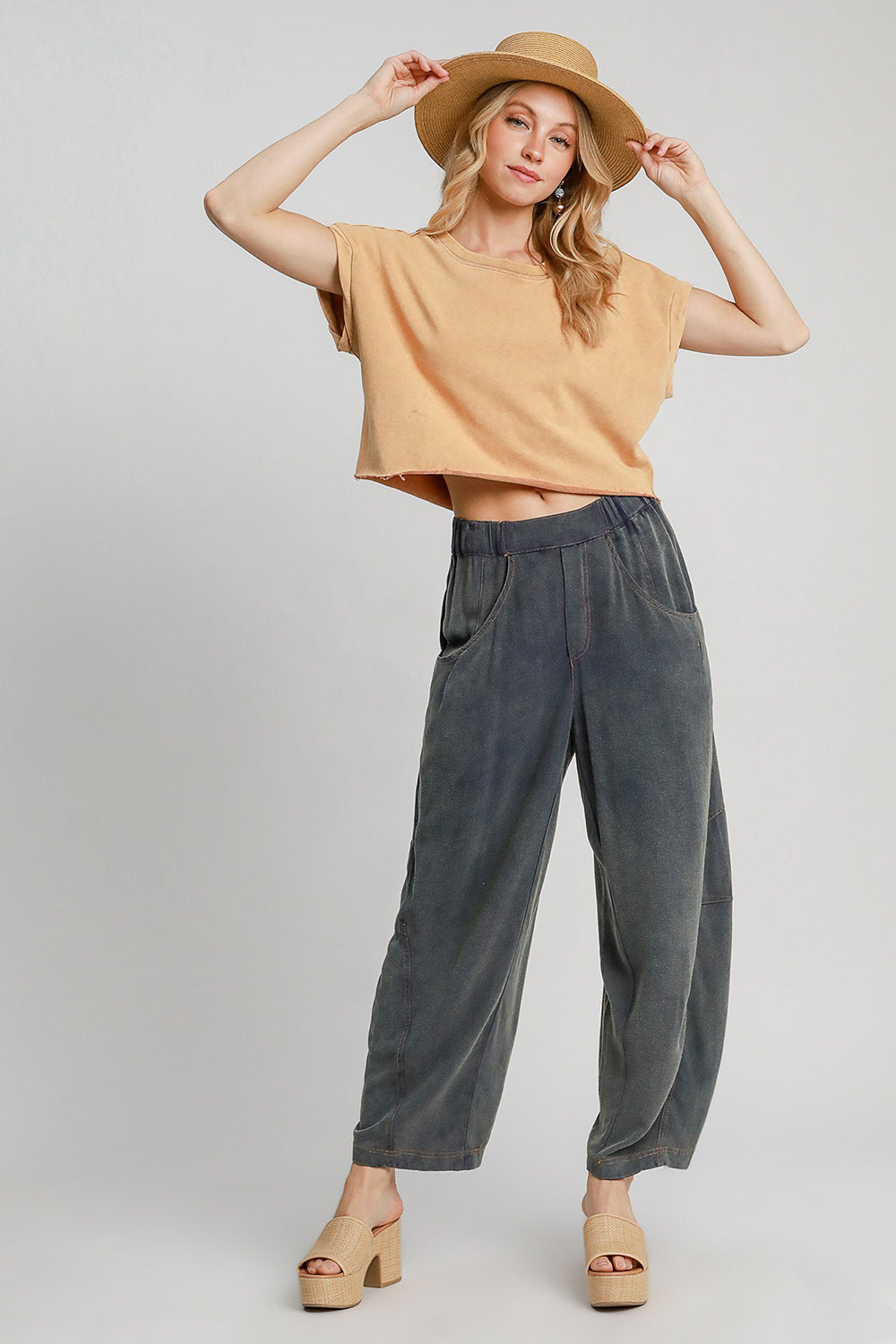 Umgee Elastic Waist Baggy Fit Pants with Pockets-BOTTOMS SIZES SMALL MEDIUM LARGE-[Adult]-[Female]-2022 Online Blue Zone Planet