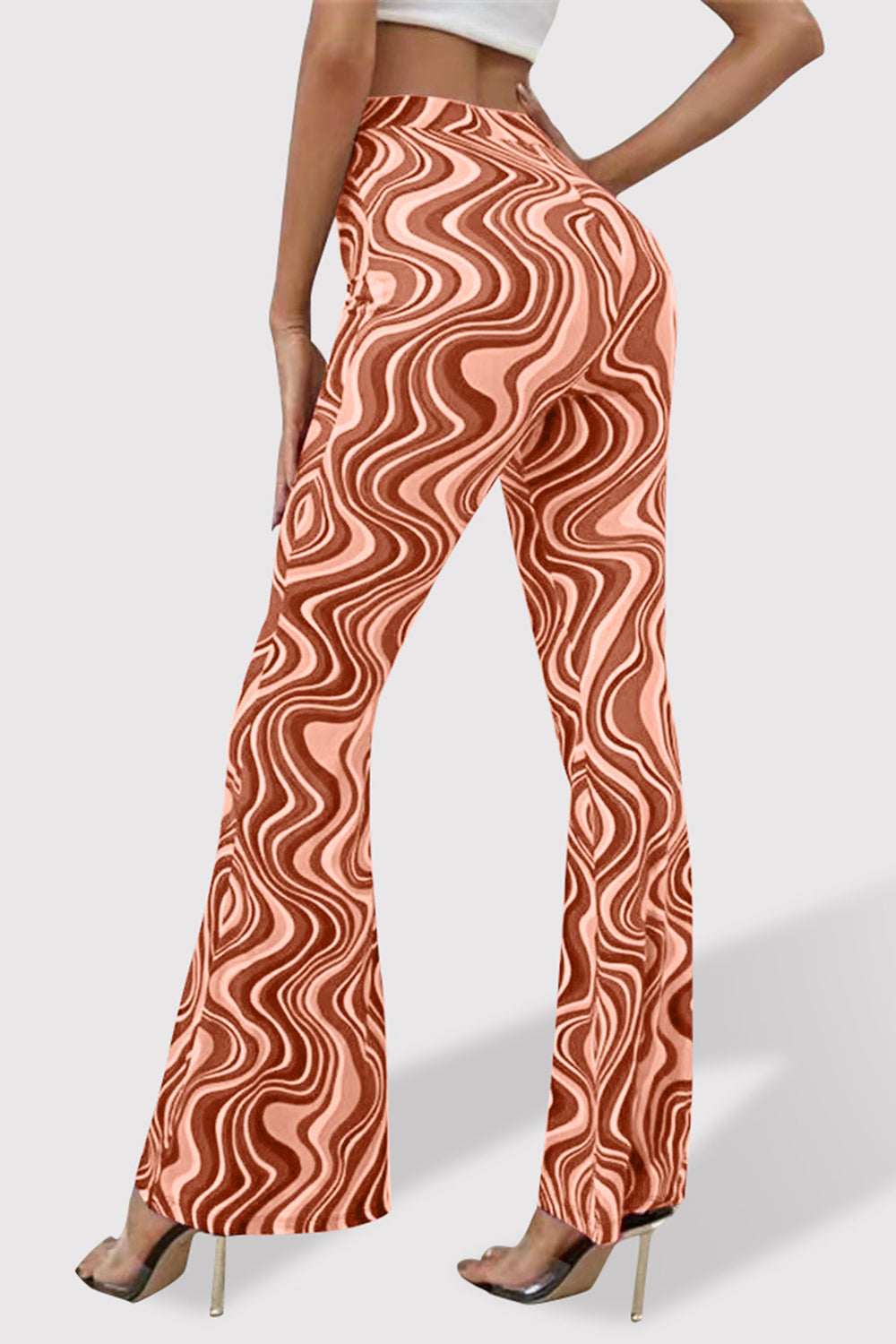 Printed High Waist Flare Pants-[Adult]-[Female]-Orange-Red-S-2022 Online Blue Zone Planet