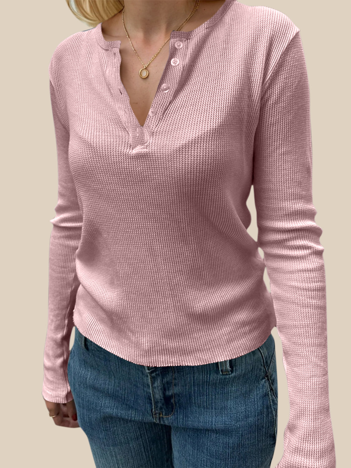 Blue Zone Planet | Devine Quarter Button Long Sleeve T-Shirt-TOPS / DRESSES-[Adult]-[Female]-Dusty Pink-S-2022 Online Blue Zone Planet