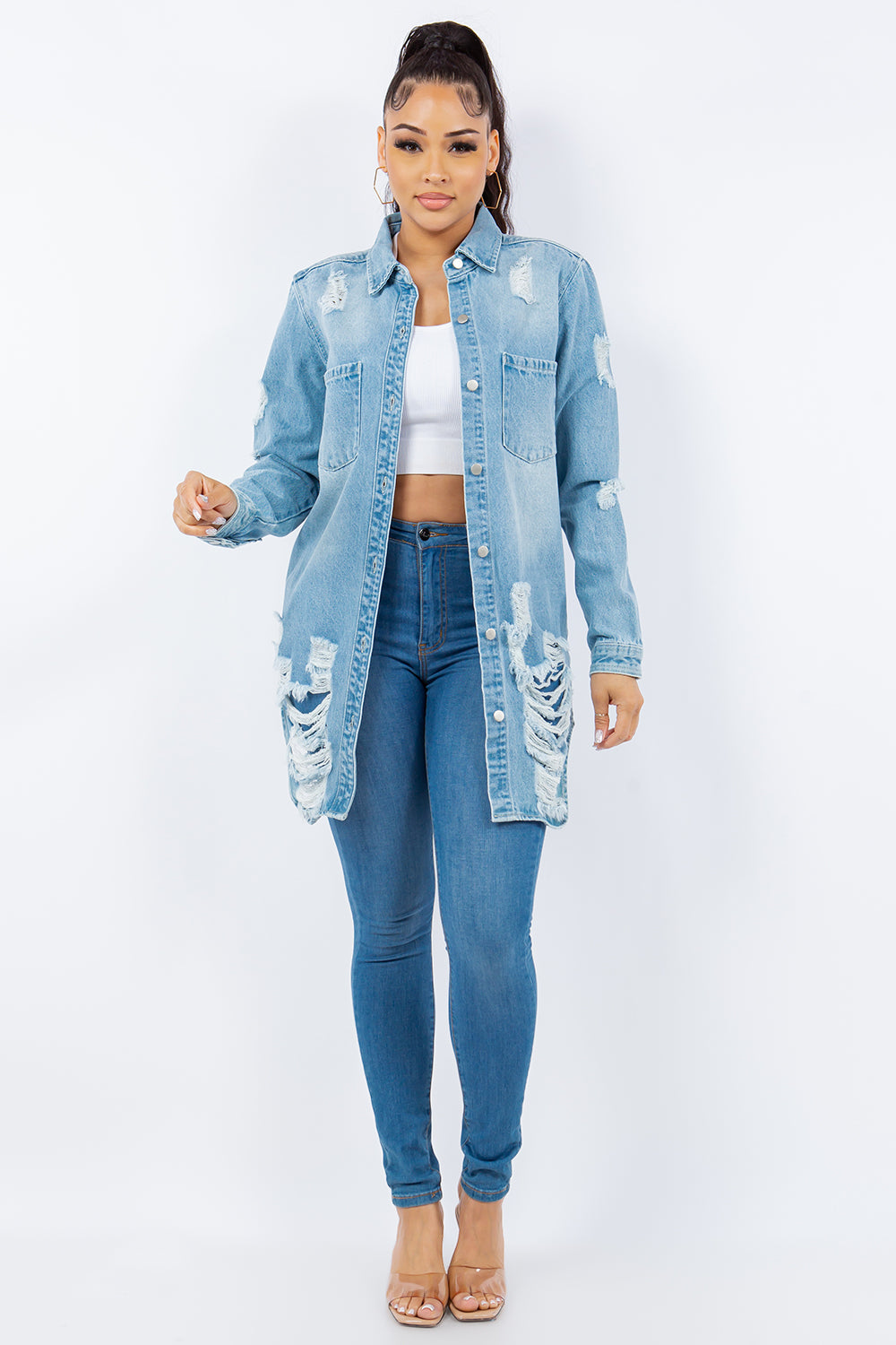 American Bazi Distressed Button Up Long Sleeve Denim Jacket-TOPS / DRESSES-[Adult]-[Female]-2022 Online Blue Zone Planet